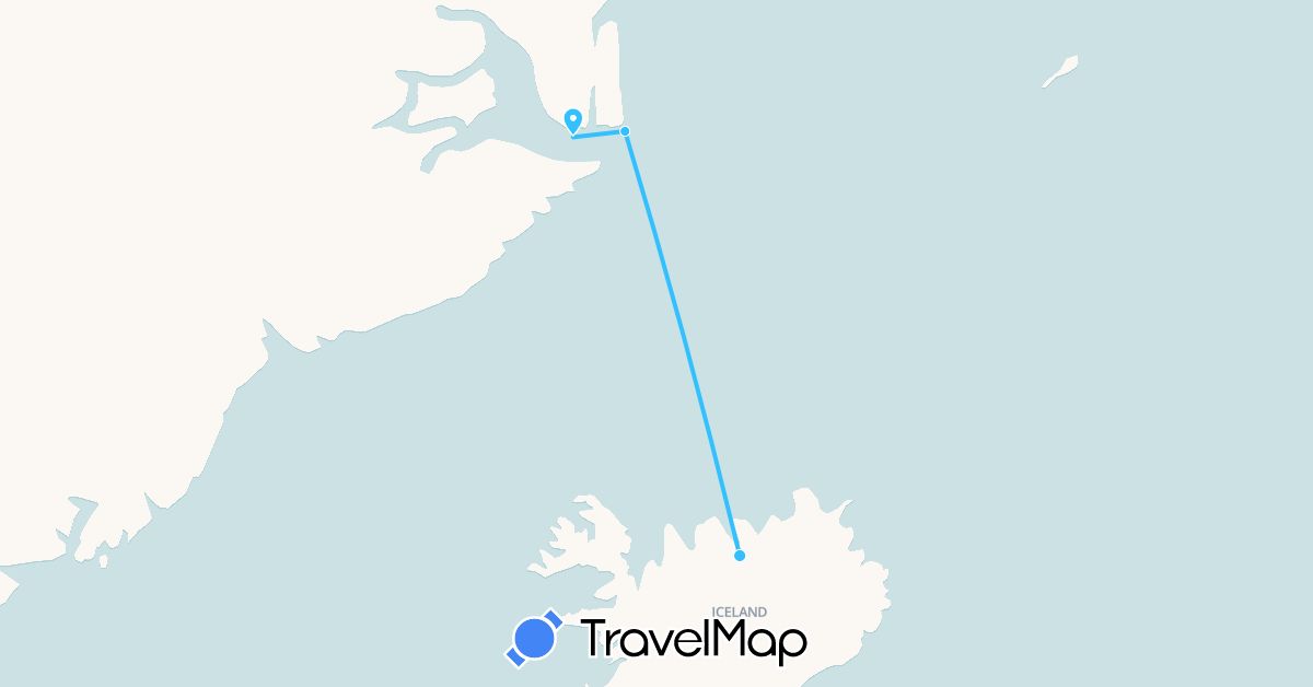 TravelMap itinerary: driving, boat in Greenland, Iceland (Europe, North America)
